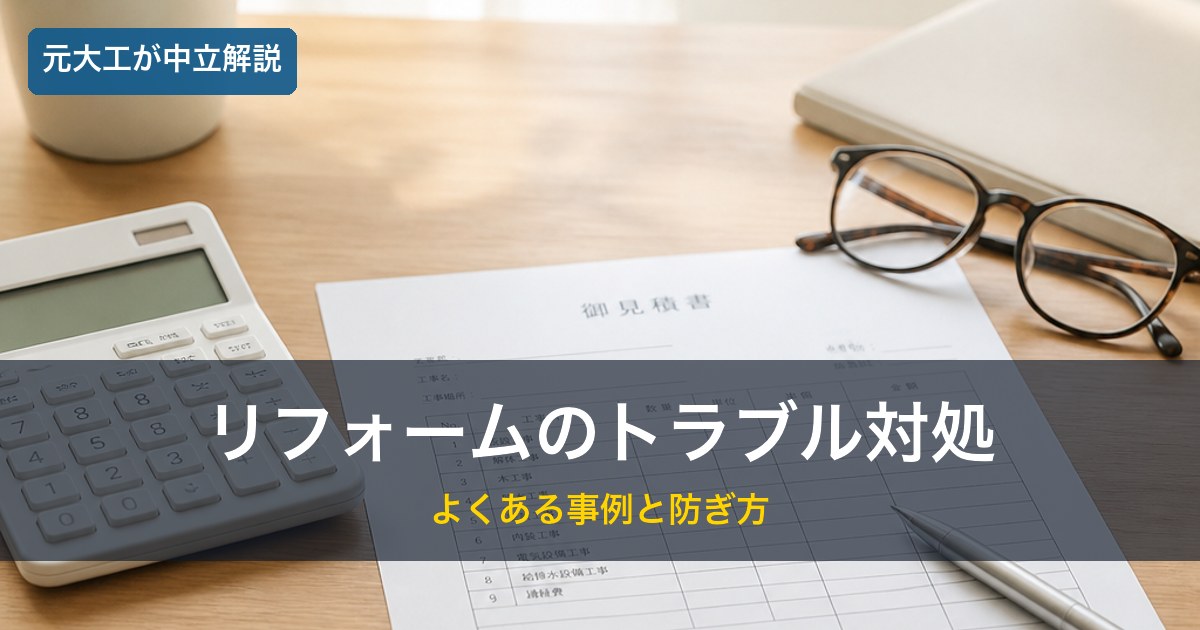 リフォームの見積書を確認する机／業者トラブルの対処法のイメージ