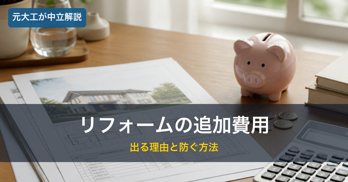 見積書と電卓と貯金箱／リフォームの追加費用が出る理由と防ぎ方のイメージ