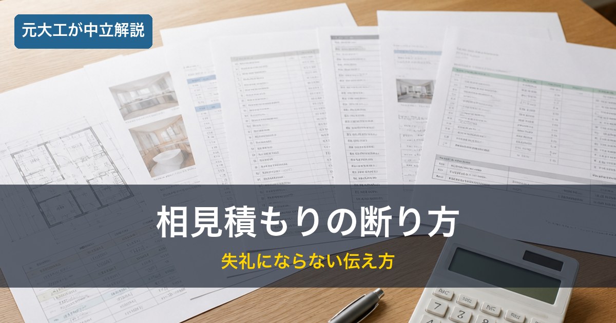 机に並べた複数のリフォーム見積書と電卓／相見積もりの断り方のイメージ