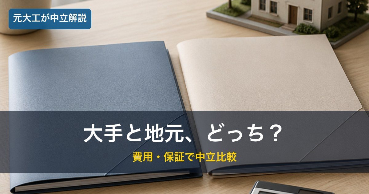 2つの見積書と家の模型／大手と地元工務店を比較するイメージ