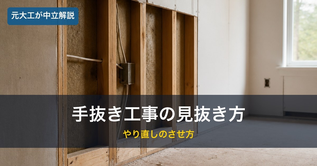下地が見える改修中の壁とチェックリスト／手抜き工事を見抜くイメージ