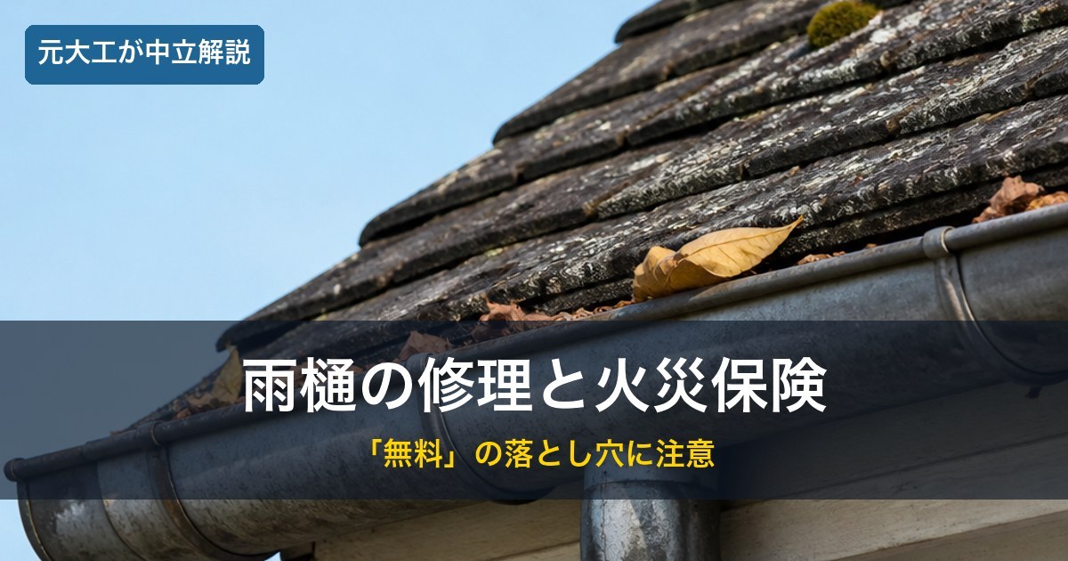 住宅の軒先の雨樋／修理費用と火災保険のイメージ