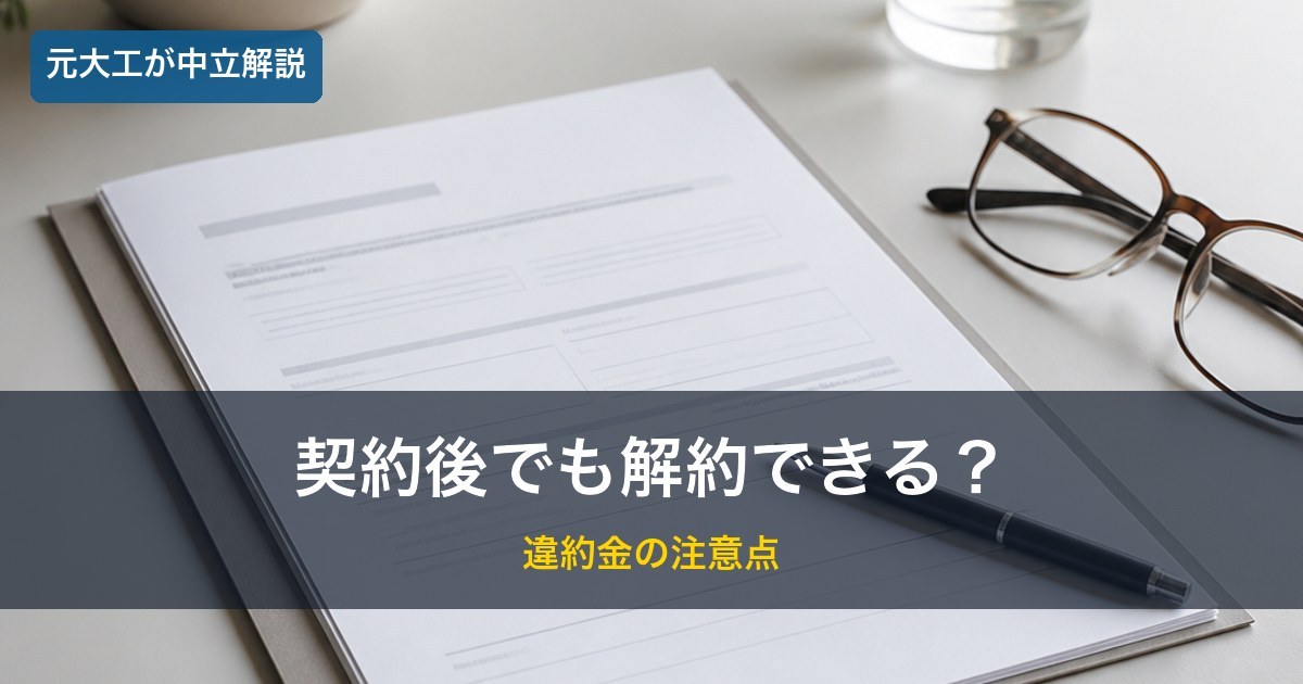 リフォーム契約書とペン／契約後の解約と違約金のイメージ