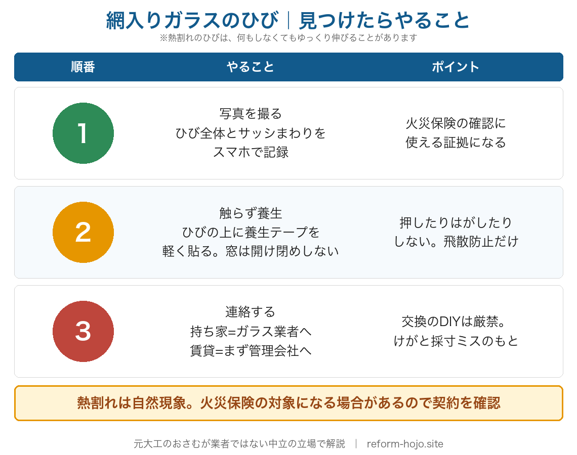 網入りガラスのひびを見つけたらやること3つの順番：①写真を撮る（ひび全体とサッシまわりを記録・火災保険の確認に使える）②触らず養生テープを軽く貼り窓は開け閉めしない③持ち家はガラス業者へ・賃貸はまず管理会社へ連絡。交換のDIYは厳禁。熱割れは自然現象で火災保険の対象になる場合がある