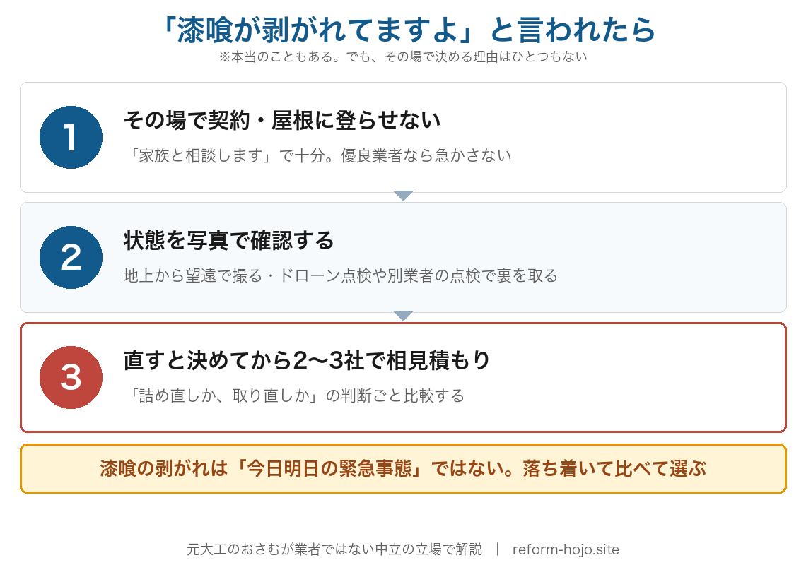 訪問業者に「漆喰が剥がれてますよ」と言われた時の3ステップ：①その場で契約しない・屋根に登らせない（「家族と相談します」で十分、優良業者なら急かさない）②状態を写真で確認する（地上から望遠で撮る・ドローン点検や別業者の点検で裏を取る）③直すと決めてから2〜3社で相見積もり（詰め直しか取り直しかの判断ごと比較する）。漆喰の剥がれは今日明日の緊急事態ではない