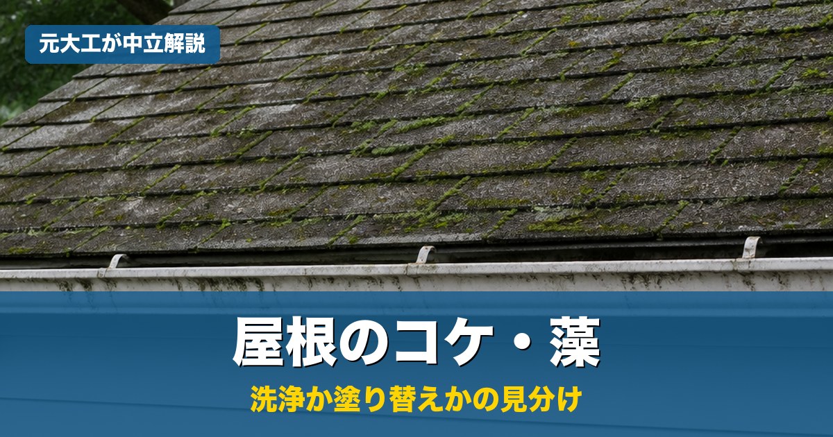 コケと藻が生えた住宅の屋根。屋根のコケ除去費用と洗浄か塗り替えかの見分けを元大工が中立解説