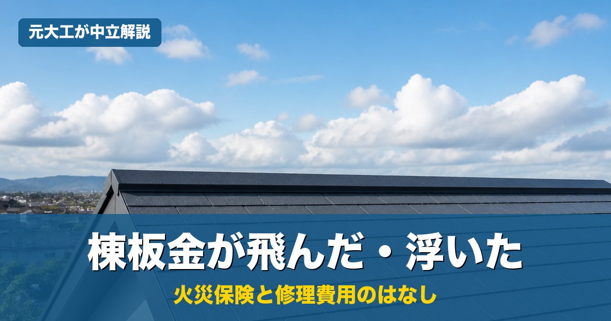スレート屋根の棟板金（屋根のてっぺんの金属板）と青空。台風で飛んだ・浮いた棟板金の修理費用と火災保険を元大工が中立解説