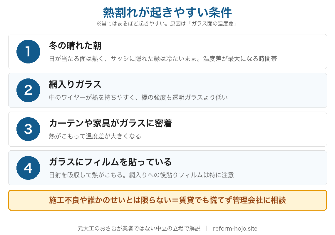 熱割れが起きやすい4つの条件：①冬の晴れた朝（日が当たる面とサッシに隠れた縁の温度差が最大）②網入りガラス（ワイヤーが熱を持ちやすく縁の強度が低い）③カーテンや家具がガラスに密着（熱がこもる）④ガラスにフィルムを貼っている（網入りへの後貼りフィルムは特に注意）。施工不良や誰かのせいとは限らない