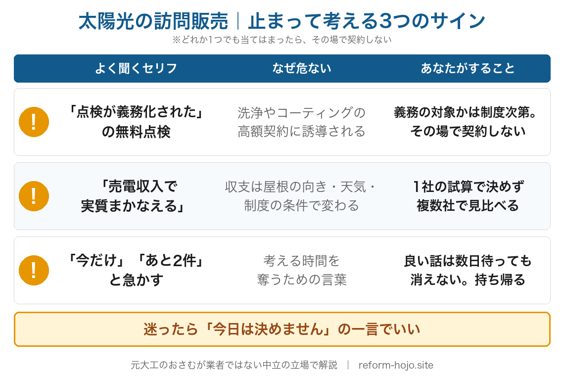 太陽光の訪問販売で止まって考える3つのサインの表。1つ目は「点検が義務化された」の無料点検で、洗浄やコーティングの高額契約に誘導されるので、義務の対象かは制度次第・その場で契約しない。2つ目は「売電収入で実質まかなえる」で、収支は屋根の向き・天気・制度の条件で変わるので、1社の試算で決めず複数社で見比べる。3つ目は「今だけ・あと2件」と急かすもので、考える時間を奪うための言葉なので、良い話は数日待っても消えない・持ち帰る。迷ったら「今日は決めません」の一言でいい、という図。