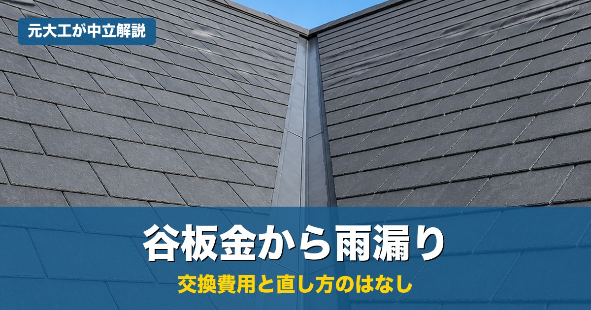 屋根の谷板金（2つの屋根面が合わさる谷の金属板）と青空。谷板金からの雨漏りの修理費用と直し方を元大工が中立解説