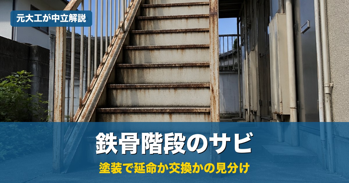 サビが出た古いアパートの鉄骨階段。塗装で延命か交換かの見分けと修理費用を元大工が中立解説