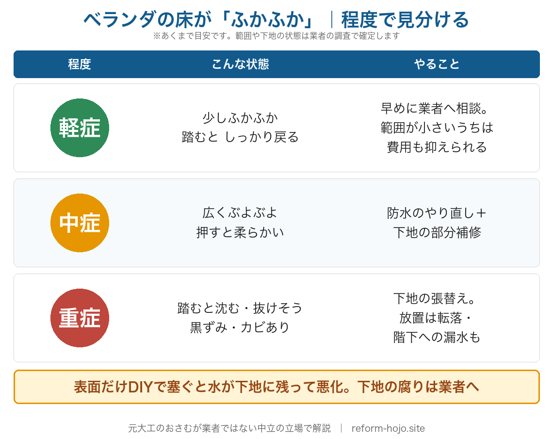 ベランダの床のふかふかを程度で見分ける早見:軽症=少しふかふか踏むと戻る/中症=広くぶよぶよ/重症=踏むと沈む・抜けそう。表面だけDIYで塞ぐと悪化、下地の腐りは業者へ
