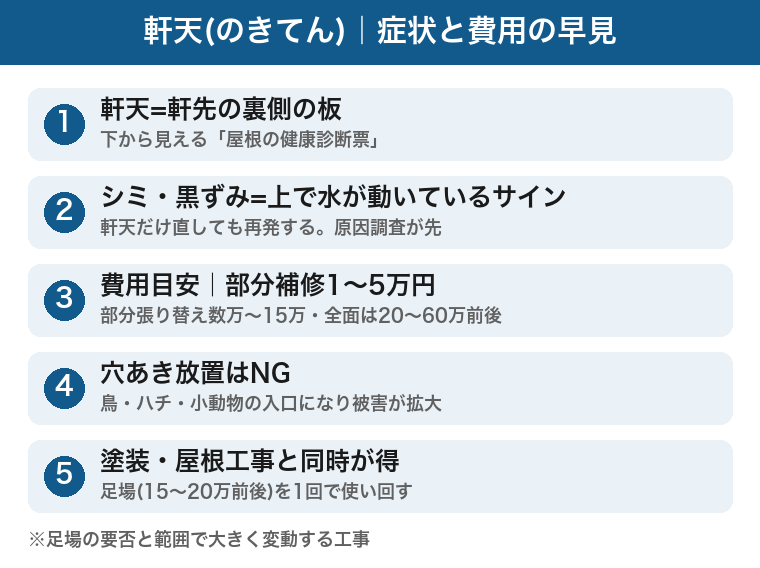 軒天修理の早見:軒天は軒先の裏側の板でシミは雨漏りのサイン、部分補修1〜5万円、部分張り替え数万〜15万円、全面20〜60万円前後、穴の放置は動物の入口になる