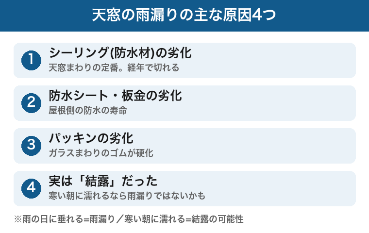 天窓の雨漏りの主な原因4つ：シーリング・防水シート・パッキン・結露の図