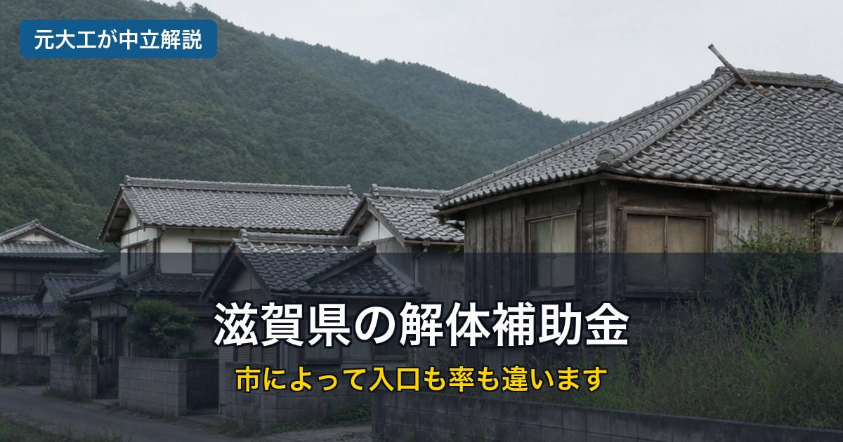 滋賀県の解体補助金のアイキャッチ。山あいに瓦屋根の古い民家が並ぶ写真に「滋賀県の解体補助金 市によって入口も率も違います」の文字。元大工が中立解説。